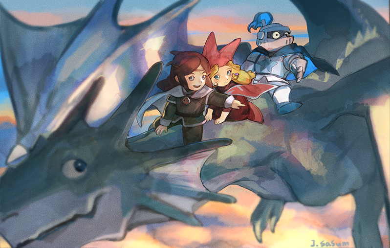 1girl 2boys armor blonde_hair blue_eyes brown_hair cape dragon dress flying green_shirt hat helmet long_hair multiple_boys narcia open_mouth pietro_pakapuka popolocrois sasumata_jirou shirt signature smile white_knight_(popolocrois)
