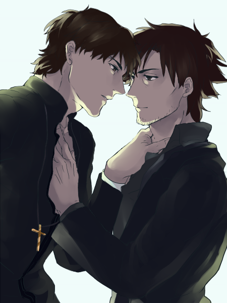 01rosso 2boys bad_id bad_pixiv_id black_eyes black_hair cross cross_necklace emiya_kiritsugu fate/zero fate_(series) hand_on_another&#039;s_chest hand_on_neck jewelry kotomine_kirei male_focus multiple_boys necklace