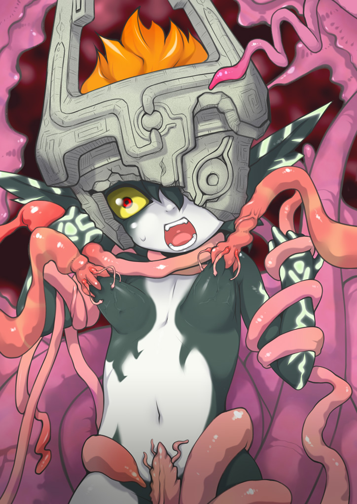 1girl bdsm bondage bound breast_sucking breasts female_focus j7w midna nintendo nude small_breasts solo tentacles the_legend_of_zelda the_legend_of_zelda:_twilight_princess