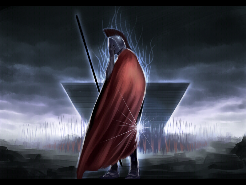 1boy 300_(movie) army cape comiket corinthian_helmet crossover epic helmet inu_(aerodog) leonidas male_focus parody phalanx polearm realistic soldier solo spear tokyo_big_sight weapon