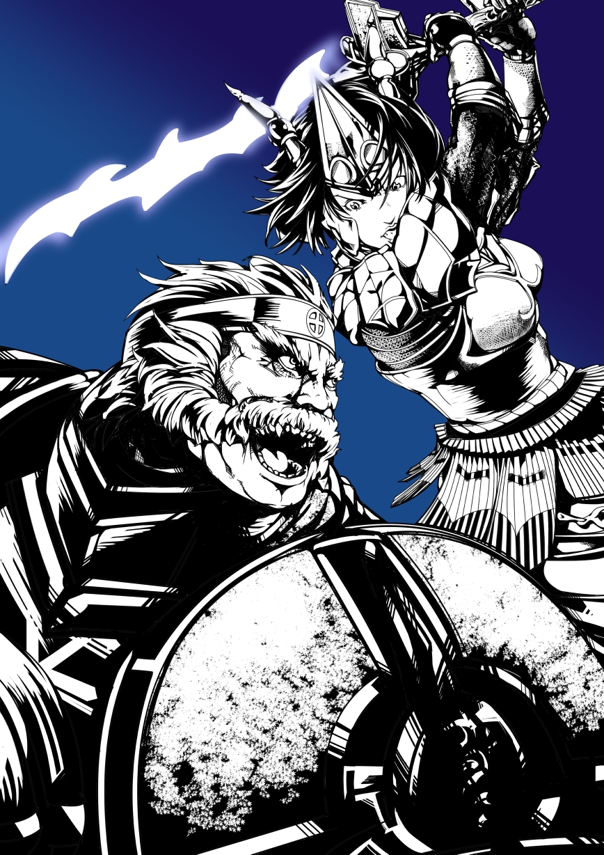 armor facial_hair highres japanese_clothes looking_at_another mustache sengoku_musou sharp_teeth shield shimazu_yoshihiro sideburns sword tachibana_ginchiyo teeth tiara weapon