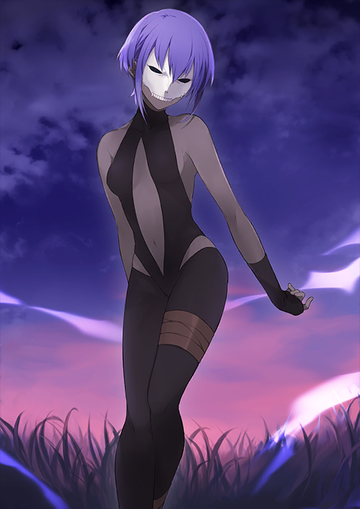 1girl bare_shoulders belt black_belt black_gloves black_leotard black_pants breasts breasts_apart clothing_cutout colored_skin fate/grand_order fate_(series) feet_out_of_frame fingerless_gloves gloves grey_skin halter_leotard halterneck hassan_of_serenity_(fate) heattech_leotard leotard mask nakahara_(mu_tation) navel official_art pants purple_background purple_hair short_hair sidelocks skull_mask sleeveless solo stomach_cutout thigh_strap third-party_source turtleneck variant_set white_mask
