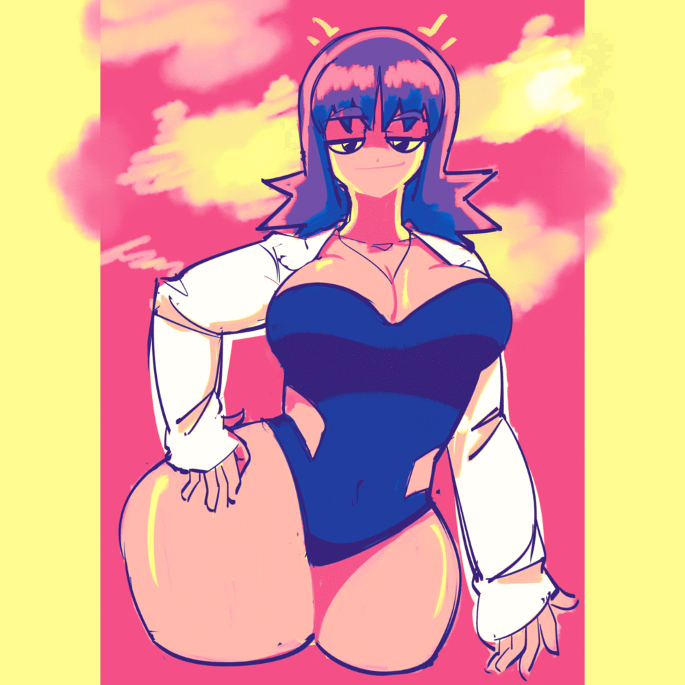 1girl animated animated_gif breasts cdlum hand_on_own_hip lab_coat large_breasts looking_at_viewer nintendo one-piece_swimsuit philena_ivy pokemon pokemon_(anime) pokemon_(classic_anime) purple_hair shiny_skin sky smile solo swimsuit wide_hips