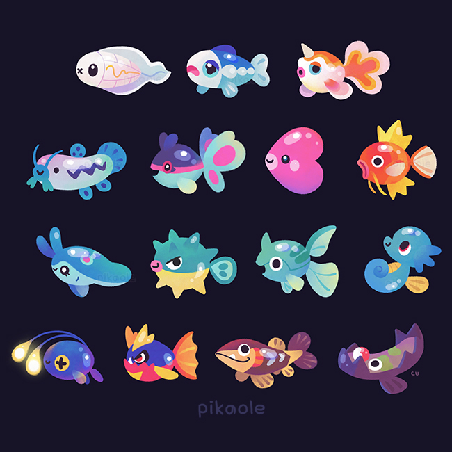 animal_focus arrokuda artist_name barboach black_background carvanha chibi chinchou closed_mouth fangs fish from_side full_body galarian_form galarian_stunfisk gen_1_pokemon gen_2_pokemon gen_3_pokemon gen_4_pokemon gen_5_pokemon gen_7_pokemon gen_8_pokemon goldeen horns horsea luvdisc magikarp mantyke nintendo no_humans open_mouth pikaole pokemon pokemon_(creature) pokemon_focus qwilfish red_eyes remoraid simple_background single_horn smile tynamo wishiwashi wishiwashi_(solo)