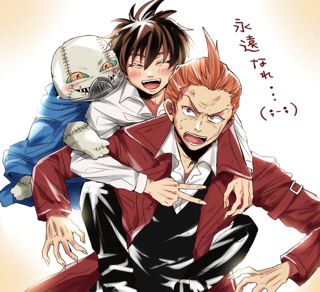 3boys black_hair carrying cloak coat commentary coro_(leocorok) darren_shan closed_eyes harkat_mulds hood hooded_cloak larten_crepsley long_coat male_focus multiple_boys open_mouth orange_hair piggyback red_coat red_eyes scar scar_on_face short_hair smile stitched_face stitches the_saga_of_darren_shan