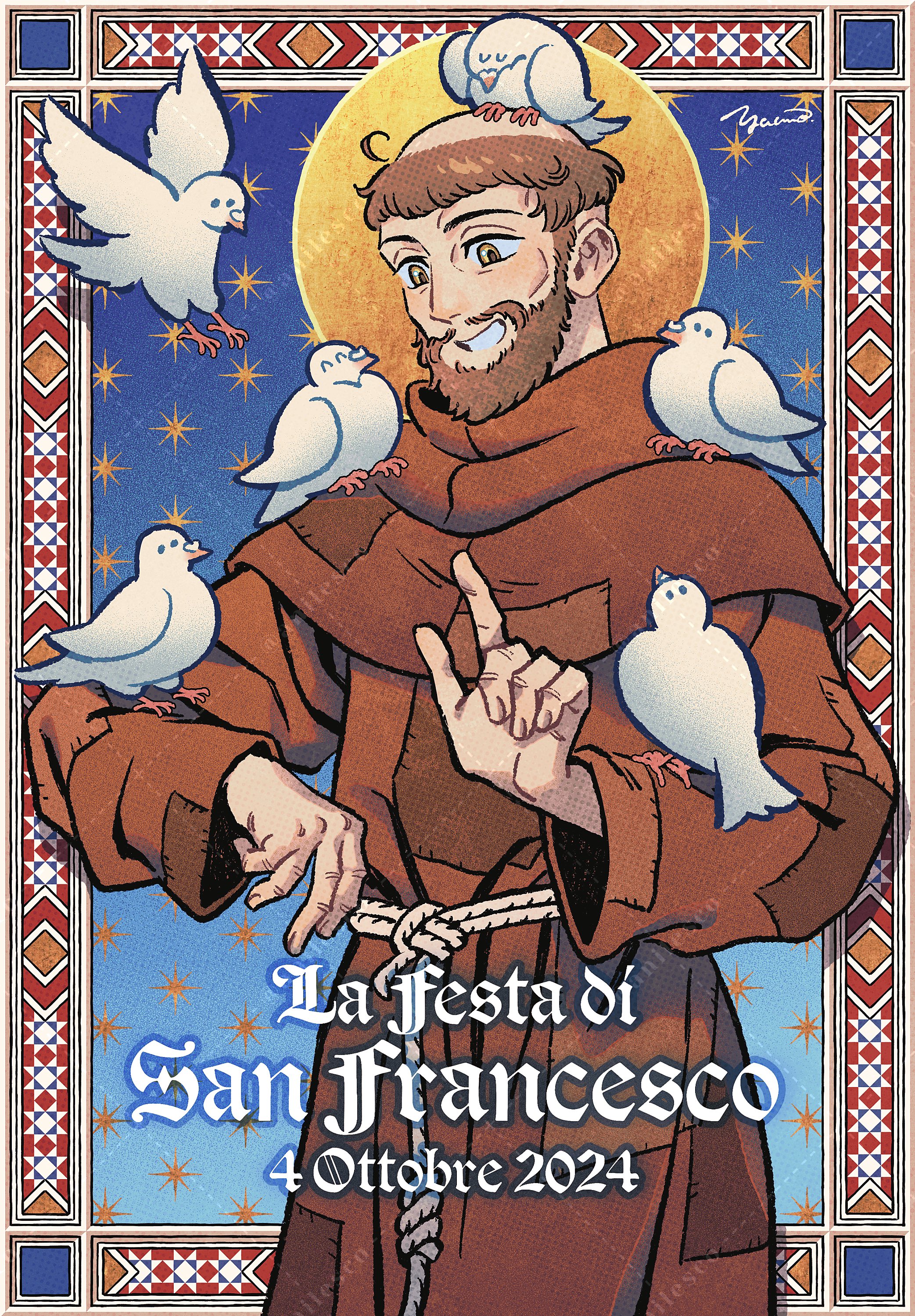 1boy absurdres anilesco animal animal_on_head animal_on_shoulder beard bird bird_on_head bird_on_shoulder brown_eyes brown_facial_hair brown_hair brown_robe christian_mythology dated dove facial_hair geometric_pattern grin halo halo_behind_head hands_up happy highres italian_text looking_down male_focus mixed-language_commentary monk on_head patchwork_clothes pointing pointing_up real_life robe rope_belt saint_francis_of_assisi signature smile solo star_(symbol) upper_body white_bird
