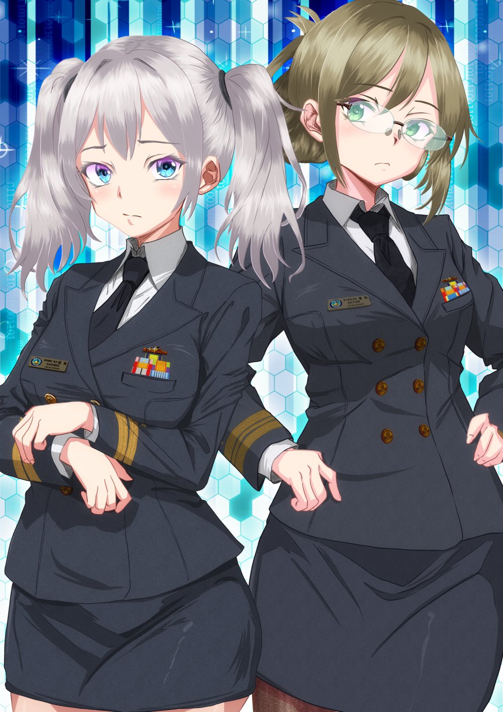 2girls alternate_costume black_jacket black_necktie black_skirt blonde_hair blue_eyes buttons collared_shirt commentary_request double-breasted folded_ponytail glasses green_eyes grey_hair highres hisamatomoki jacket japan_maritime_self-defense_force japan_self-defense_force kantai_collection kashima_(kancolle) katori_(kancolle) long_sleeves looking_at_viewer military military_dress_uniform military_rank_insignia military_uniform multiple_girls naval_dress_uniform naval_uniform necktie parted_bangs ribbon_bar rimless_eyewear shirt skirt twintails white_shirt