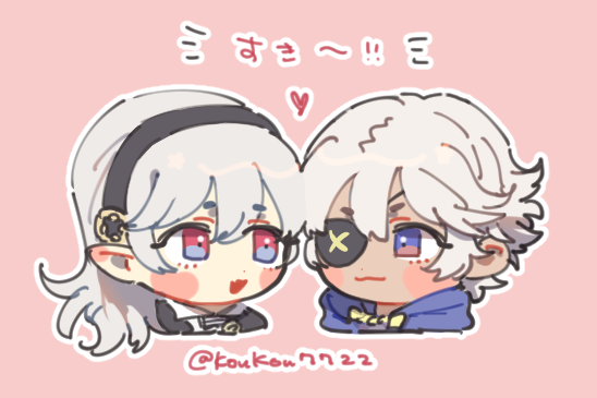 1boy 1girl black_hairband blue_eyes female_corrin_(fire_emblem) eyepatch fire_emblem fire_emblem_fates fire_emblem_heroes hairband looking_at_another nerinriume niles_(fire_emblem) nintendo pointy_ears red_eyes white_hair