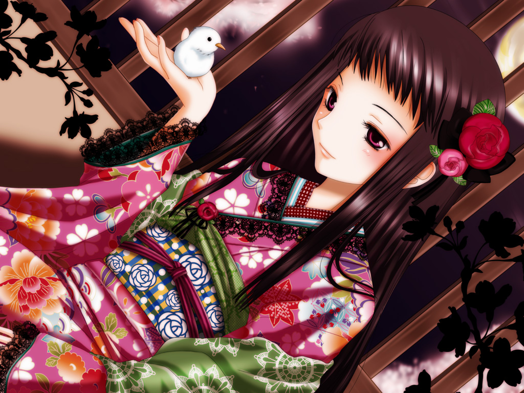 1girl ar_tonelico ar_tonelico_ii black_hair blush female_focus flower hair_flower hair_ornament inumori_sayaka jakuri_(ar_tonelico) japanese_clothes kimono long_hair solo