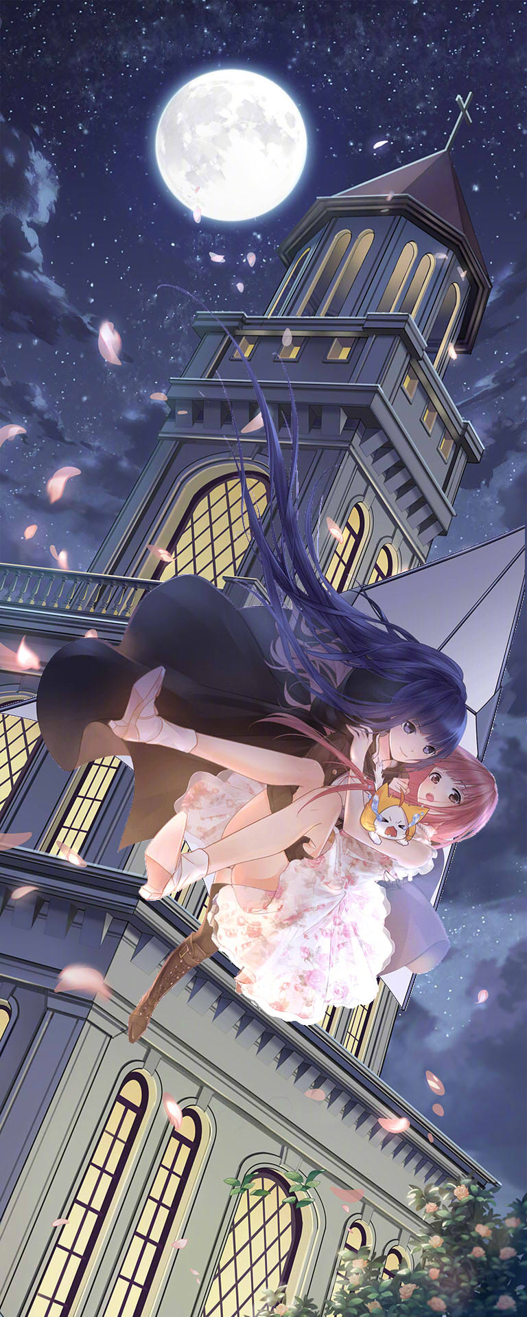 &gt;_&lt; 2girls ace_(miracle_nikki) ahoge animal artist_request bare_arms bare_shoulders bead_necklace beads black_coat black_pantyhose blunt_bangs boots brown_boots brown_eyes bush carrying cat cloak closed_mouth clothed_animal cloud coat crying dot_nose dress ear_covers falling floating_clothes floating_hair floral_print flower frilled_dress frills frown full_body furrowed_brow game_cg hand_on_another&#039;s_shoulder happy high_heels highres holding holding_animal holding_cat hood hood_up hooded_cloak jewelry knee_boots lace-up_boots light_blush long_hair long_sleeves miracle_nikki momo_(nikki) multiple_girls necklace night night_sky nikki_(nikki) nikki_(series) official_art open_mouth outdoors pantyhose petals pink_flower pink_hair pink_rose pink_shoes pleated_dress princess_carry pumps purple_eyes purple_hair rescue rose rose_bush rose_print scared shoes sky sleeveless sleeveless_dress smile socks star_(sky) starry_sky teardrop teeth third-party_source tower turtleneck turtleneck_dress upper_teeth_only very_long_hair wavy_mouth whiskers white_cat white_dress white_socks yellow_cloak