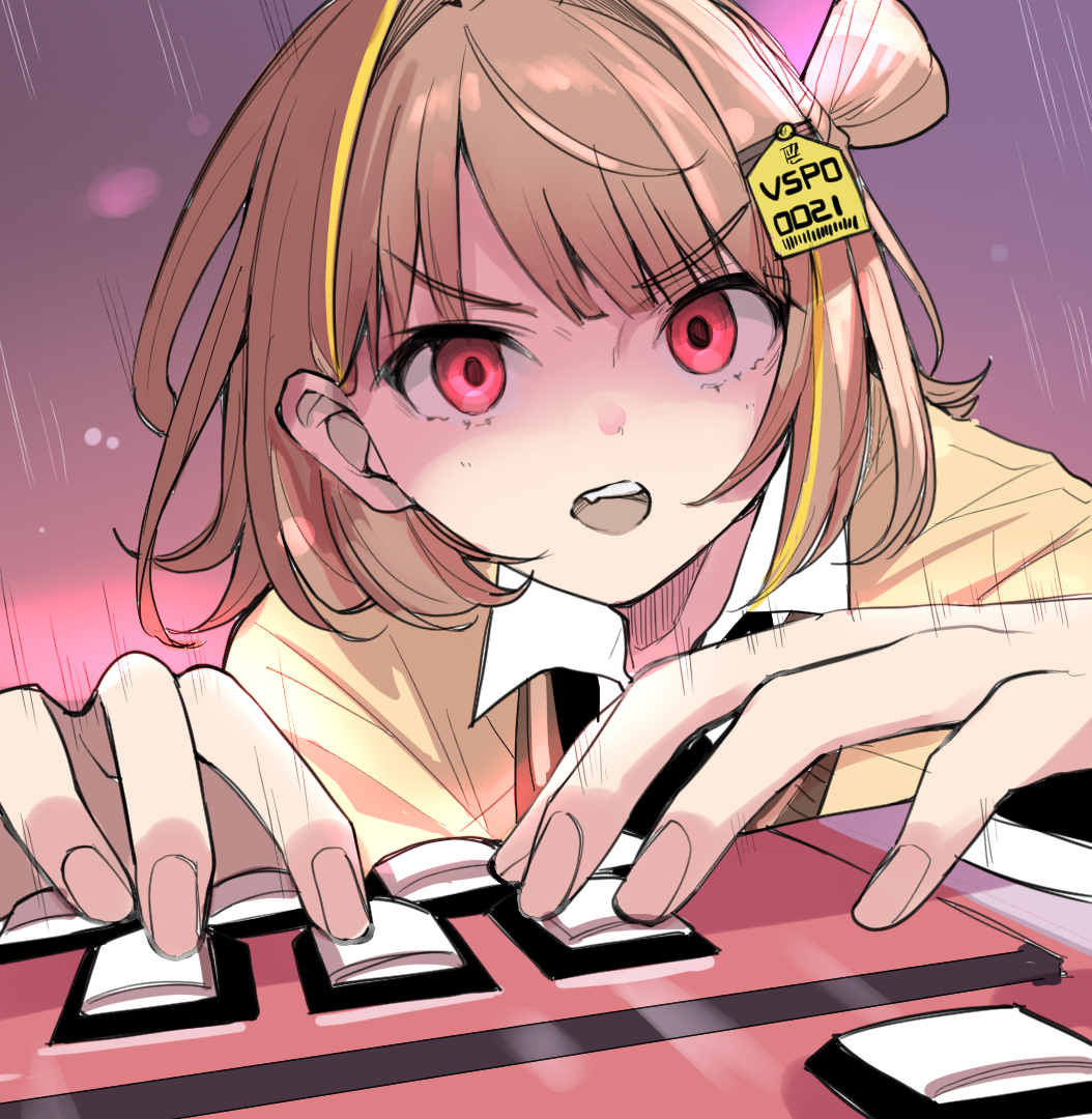 1girl brown_hair collared_shirt commentary_request controller game_controller goten_(510gensoku) hair_ornament hair_rings jacket medium_hair motion_lines open_mouth playing_games purple_background red_eyes sendo_yuuhi sendo_yuuhi_(1st_costume) shirt single_hair_ring solo teeth upper_teeth_only v-shaped_eyebrows virtual_youtuber vspo! white_shirt yellow_jacket