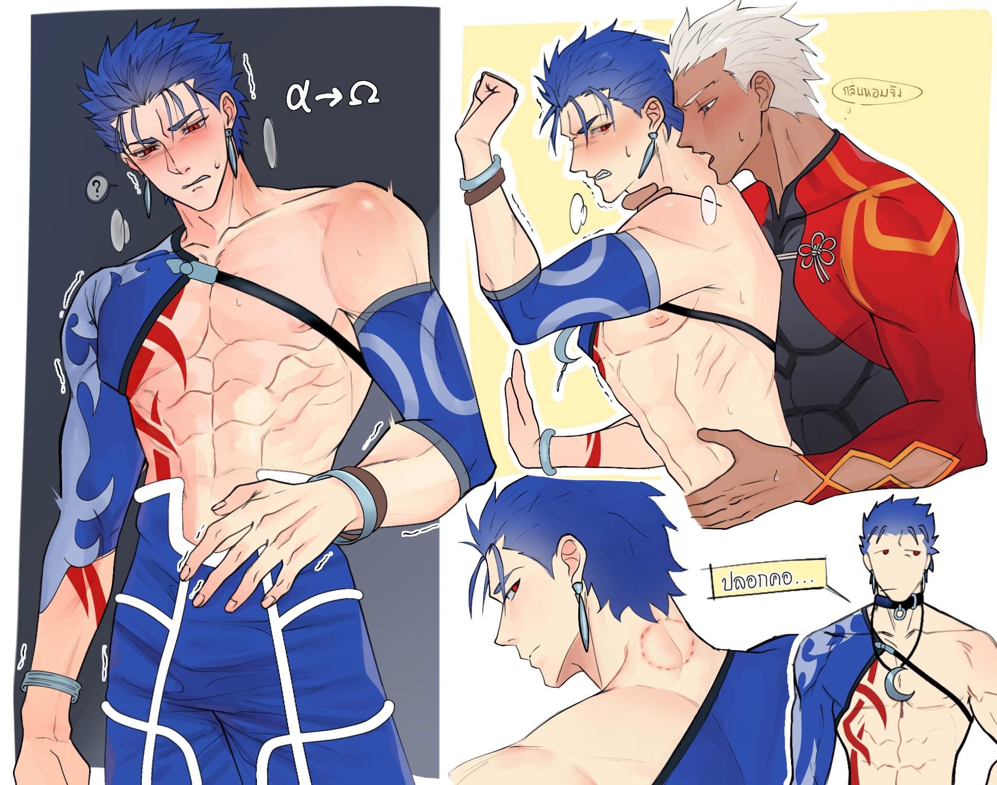 2boys ? archer_(fate) arm_tattoo bite_mark blue_hair blush bracelet ccinnamonka chest_tattoo crescent crescent_necklace cu_chulainn_(fate) cu_chulainn_(fate/stay_night) dark-skinned_male dark_skin detached_sleeves earrings fate/grand_order fate_(series) hair_slicked_back highres jewelry male_focus multiple_boys multiple_views muscular muscular_male navel necklace nipples omegaverse red_eyes shirt short_hair shrug_(clothing) speech_bubble spoken_question_mark sweatdrop tattoo thai_text thought_bubble translation_request trembling white_hair yaoi