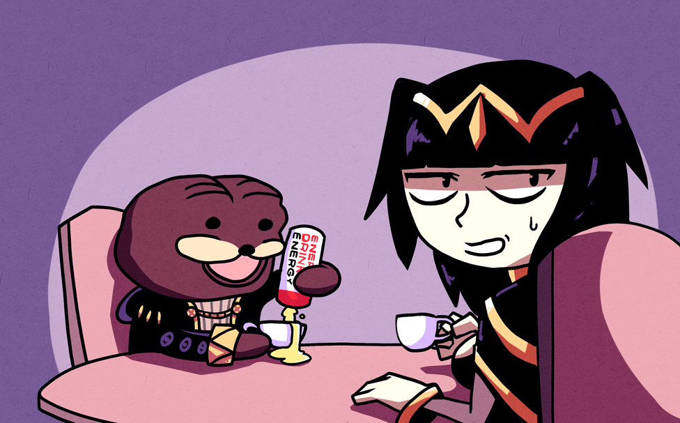 1boy 1girl :d black_hair blunt_bangs cape chair commentary cup energy_drink english_commentary fire_emblem holding looking_away male_robin_(fire_emblem) male_robin_(fire_emblem)_(cosplay) nintendo open_mouth pouring purple_background setz sitting smile spurdo_bear sweatdrop table teacup tharja_(fire_emblem) two_side_up
