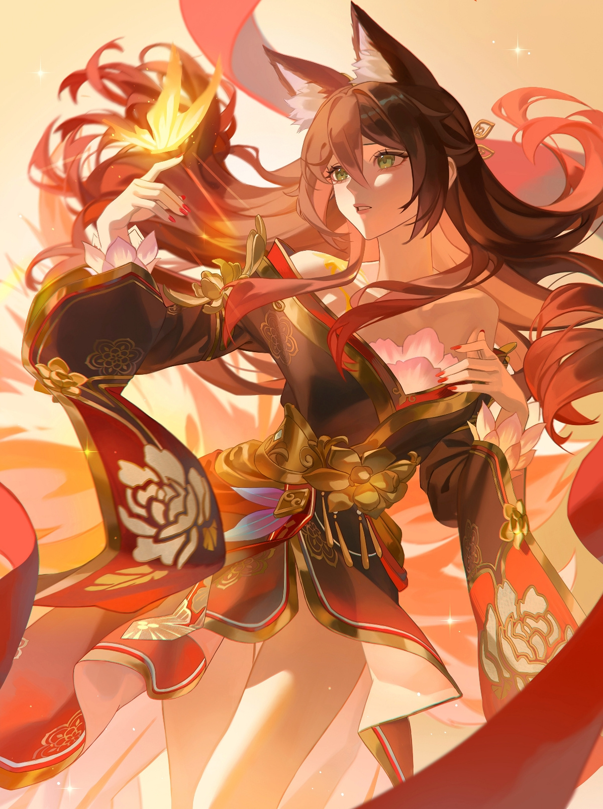 1girl animal_ear_fluff animal_ears artist_name bare_shoulders black_dress brown_hair bug butterfly commentary dress floating_hair fox_ears fox_girl fugue_(honkai:_star_rail) green_eyes highres honkai:_star_rail honkai_(series) insect long_hair long_sleeves off-shoulder_dress off_shoulder orange_butterfly parted_lips red_nails revision solo tingyun_(honkai:_star_rail) very_long_hair wide_sleeves xiisalt