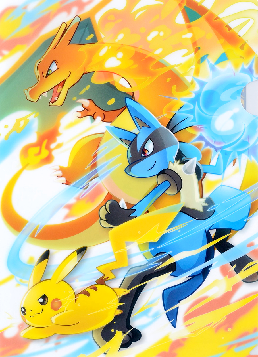 :3 charizard closed_mouth creatures_(company) dot_nose dragon electricity energy_ball fangs fire flame-tipped_tail game_freak gen_1_pokemon gen_4_pokemon green_eyes highres lucario nintendo official_art open_mouth pikachu pokemon pokemon_(creature) pokemon_focus red_eyes reo_spikee smile third-party_source v-shaped_eyes