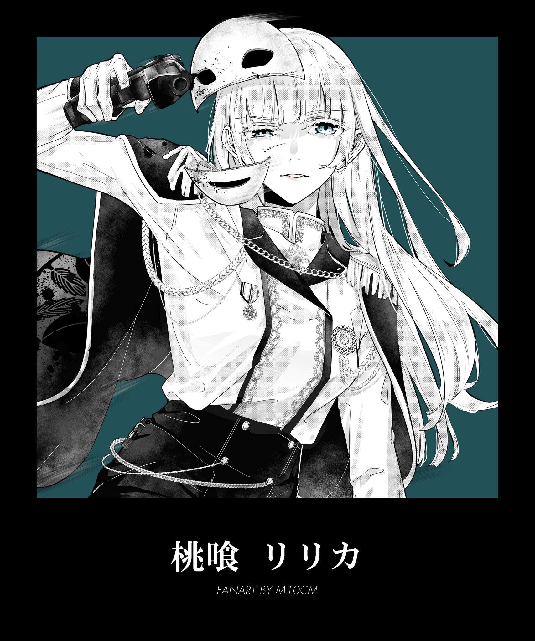 1girl blue_eyes desert_eagle gloves gun handgun highres holding holding_gun holding_weapon jacket kakegurui long_hair looking_at_viewer m10cmdesu mask military military_jacket military_uniform momobami_ririka solo weapon