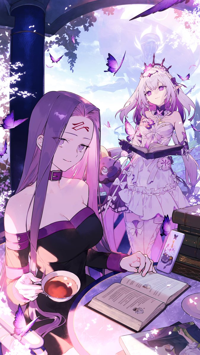 2girls asymmetrical_legwear bare_shoulders black_dress black_tiara book breasts bug butterfly castorice_(honkai:_star_rail) cleavage closed_mouth crossover dress dress_flower elbow_gloves fate/stay_night fate/unlimited_blade_works fate_(series) flower forehead garter_straps gloves highres holding holding_book honkai:_star_rail honkai_(series) insect legwear_cutout long_sleeves looking_at_viewer medusa_(fate) medusa_(rider)_(fate) multiple_girls noco_(adamas) open_book pantyhose pointy_ears purple_butterfly purple_eyes purple_gloves purple_hair single_garter_strap smile thighhighs tiara uneven_legwear white_dress white_pantyhose white_thighhighs