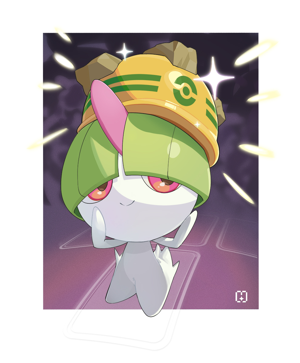 bowl_cut colored_skin gen_3_pokemon green_hair helmet hilantix nintendo pink_eyes poke_ball_symbol pokemon pokemon_(creature) pokemon_tcg pokemon_tcg_pocket ralts rocky_helmet_(pokemon) smile sparkle white_skin