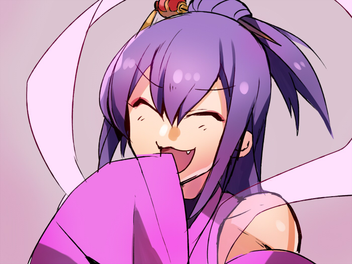 1boy :3 ^_^ amane_nishiki androgynous blazblue blazblue:_chronophantasma closed_eyes eyeliner fang folded_ponytail hagoromo hair_ornament hairpin japanese_clothes kaneaki_mukku long_hair long_sleeves makeup male_focus purple_hair shawl sleeves_past_wrists solo trap