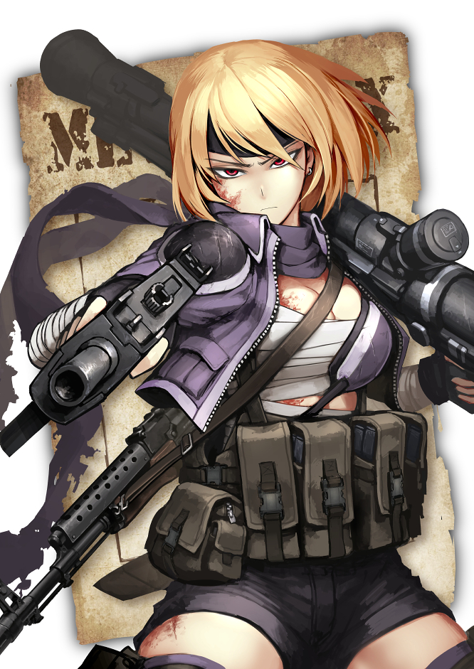 1girl ammunition_pouch assault_rifle asymmetrical_dual_wielding blonde_hair blood blood_on_face breasts cleavage commentary dual_wielding earrings fingerless_gloves gloves gun gun_sling headband hetza_(hellshock) jacket jewelry looking_at_viewer mac-10/11 medium_breasts metal_max open_clothes open_jacket pouch purple_jacket purple_scarf red_eyes rifle rocket_launcher sarashi scarf short_hair shoulder_pads sling_(weapon) soldier_(metal_max) submachine_gun weapon zipper