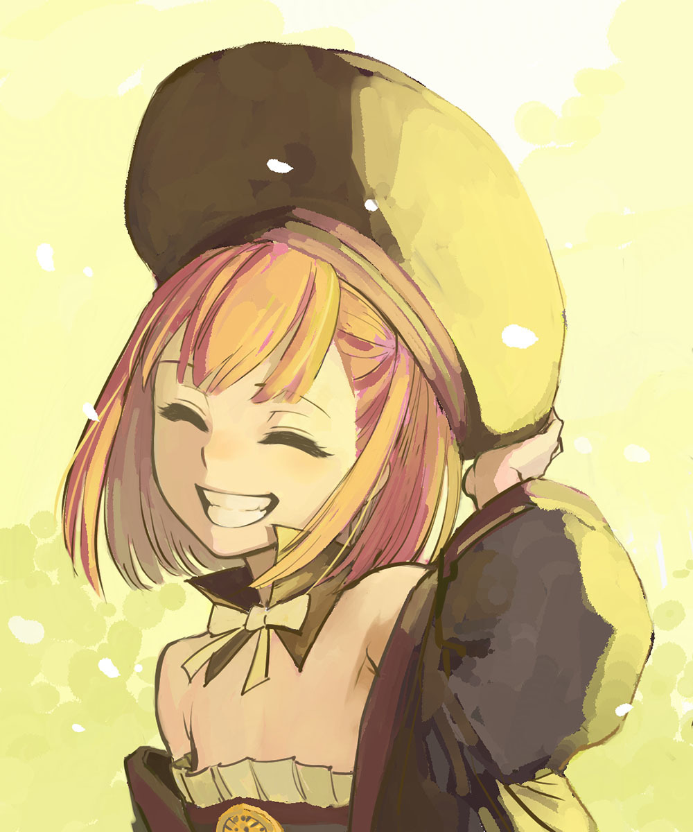 1girl b_suke black_hat bow bowtie closed_eyes detached_collar facing_viewer fate/grand_order fate_(series) frills grin hand_up hat helena_blavatsky_(fate) highres jacket large_hat pink_hair portrait short_hair smile solo white_bow yellow_background