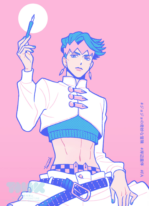 1boy belt blue_belt blue_eyes blue_hair blue_nails blue_sweater commentary commentary_request crop_top diamond_wa_kudakenai earrings headband high_collar holding holding_pen jewelry jojo_no_kimyou_na_bouken kishibe_rohan kk724 limited_palette male_focus midriff nail_polish navel nib_pen_(object) pen pink_background pink_headband shirt solo sweater translation_request white_shirt