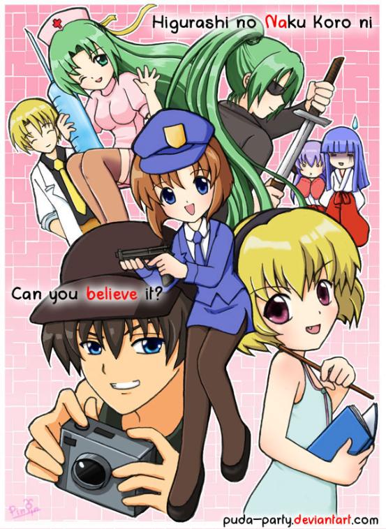 2boys 6+girls artist_request blonde_hair blue_eyes brown_hair chie_rumiko chie_rumiko_(cosplay) cosplay furude_rika green_eyes green_hair gun hakama hakama_skirt hanyuu higurashi_no_naku_koro_ni houjou_satoko houjou_satoshi irie_kyousuke irie_kyousuke_(cosplay) japanese_clothes kasai_tatsuyoshi kasai_tatsuyoshi_(cosplay) long_hair maebara_keiichi miko multiple_boys multiple_girls nurse pantyhose pencil_skirt pink_eyes police police_uniform policewoman red_hakama reporter ryuuguu_rena shoes short_hair siblings sisters skirt sonozaki_mion sonozaki_shion takano_miyo takano_miyo_(cosplay) tomitake_jirou tomitake_jirou_(cosplay) twins weapon