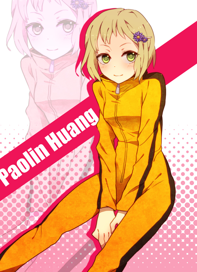 1girl blonde_hair blush bodysuit bruce_lee&#039;s_jumpsuit character_name commentary_request duplicate flower green_eyes hair_ornament hairclip huang_pao-lin jumpsuit orange_bodysuit orange_jumpsuit short_hair solo tiger_&amp;_bunny yukiguni_(moaism) zoom_layer