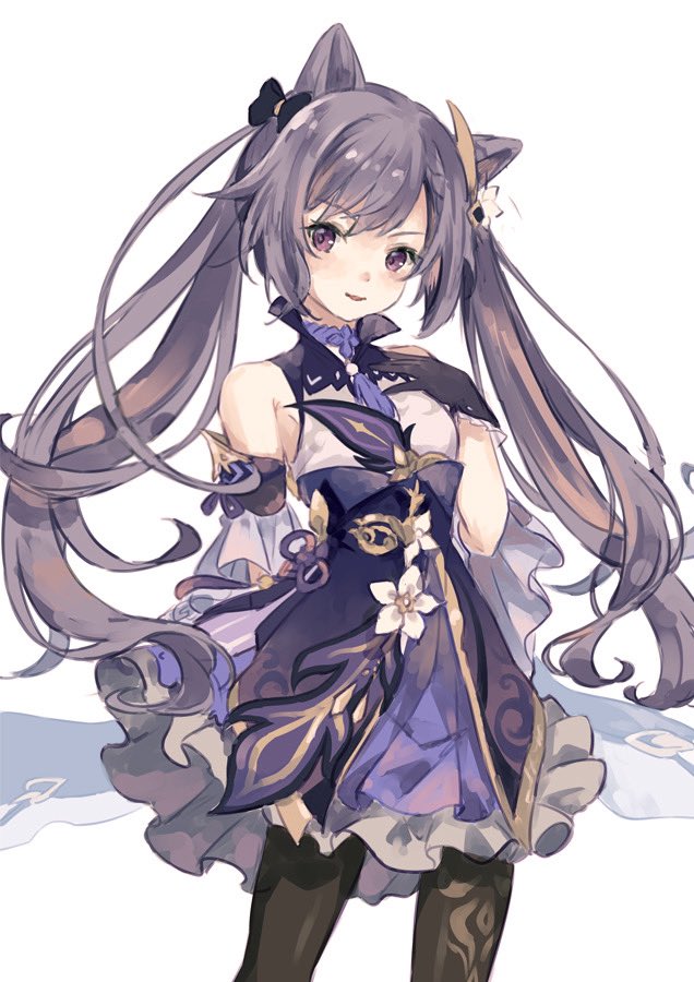 1girl animal_ears arm_behind_back bare_shoulders black_bow black_thighhighs blush bow cone_hair_bun flower genshin_impact gloves grey_hair hair_bow hair_bun keqing_(genshin_impact) long_hair oro_ponzu parted_lips purple_eyes simple_background smile solo thighhighs twintails white_flower wing_collar