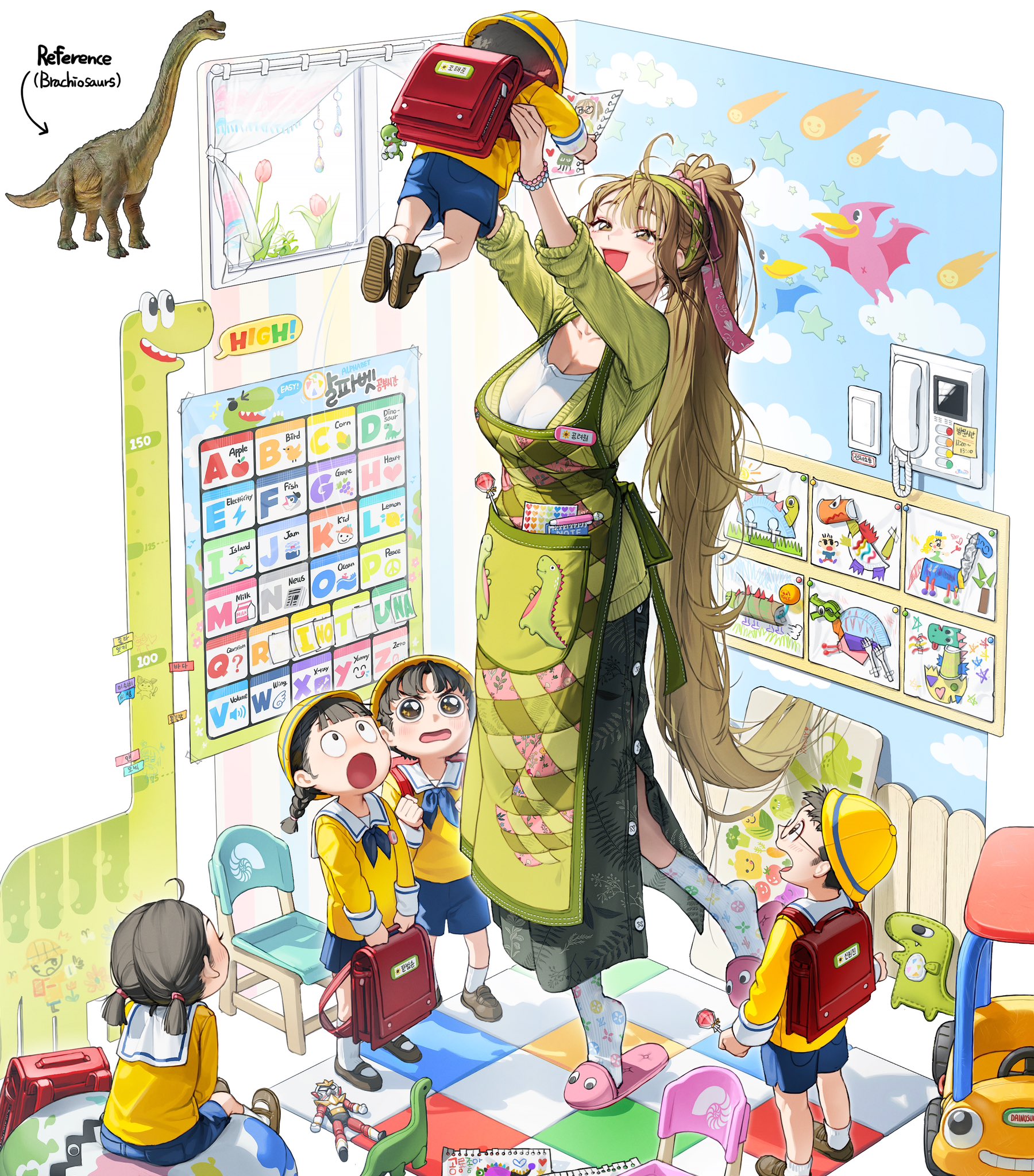 3boys 3girls :d ahoge alphabet apron artist_name awestruck backpack bag blue_shorts blunt_bangs blush bracelet brachiosaurus braid breasts brown_eyes brown_footwear brown_hair candy cardigan chair child classroom collarbone corded_phone dinosaur drawing_(object) eyebrows_hidden_by_hair food full_body glasses googly_eyes green_apron green_cardigan green_hairband green_skirt hair_ribbon hairband hat heart_sticker height_mark high_ponytail highres holding holding_bag indoors jewelry kindergarten kindergarten_uniform large_breasts legs_apart lifting_person lollipop long_hair long_skirt long_sleeves looking_at_another looking_up mary_janes multiple_boys multiple_girls open_mouth original personification phone pink_ribbon pink_slippers ponytail poster_(object) print_socks red_bag reference_inset ribbon rinotuna sailor_collar sanpaku school_hat school_uniform shirt shoe_soles shoes short_hair short_twintails shorts side_slit sitting skirt slippers smile socks standing standing_on_one_leg sticky_note teacher teacher_and_student tiptoes toy_dinosaur twin_braids twintails unkempt v-shaped_eyebrows very_long_hair wavy_mouth white_shirt white_socks yellow_hat yellow_shirt