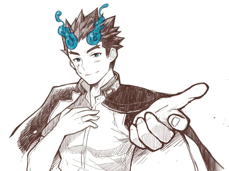 1boy blue_hair blush fiery_horns foreshortening gakuran gorioxxxx greyscale hair_slicked_back horns looking_at_viewer male_focus monochrome sakimori_toji school_uniform shirt short_hair solo spot_color thick_eyebrows tokyo_houkago_summoners upper_body