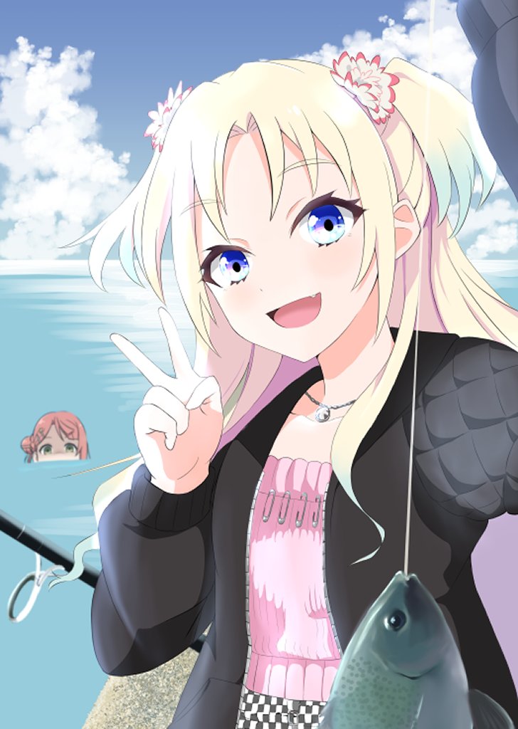 2girls :d animal black_jacket black_shorts blonde_hair blue_eyes blue_hair blue_sky blunt_bangs blush casual checkered_clothes checkered_shorts cloud collarbone commentary_request day fang fish fishing_rod flower gradient_hair green_eyes hair_bun hair_flower hair_ornament hairclip half_updo holding holding_animal holding_fish jacket jewelry light_blue_hair link!_like!_love_live! long_hair long_sleeves looking_at_viewer love_live! love_live!_nijigasaki_high_school_idol_club medium_hair multicolored_hair multiple_girls nanashinotetsuya necklace official_alternate_costume open_clothes open_jacket open_mouth osawa_rurino osawa_rurino_(summer_casual) parted_bangs partially_submerged pink_flower pink_hair pink_shirt puffy_long_sleeves puffy_sleeves shaded_face shirt shorts single_side_bun sky smile solo_focus swept_bangs twintails uehara_ayumu upper_body v v-shaped_eyebrows yandere