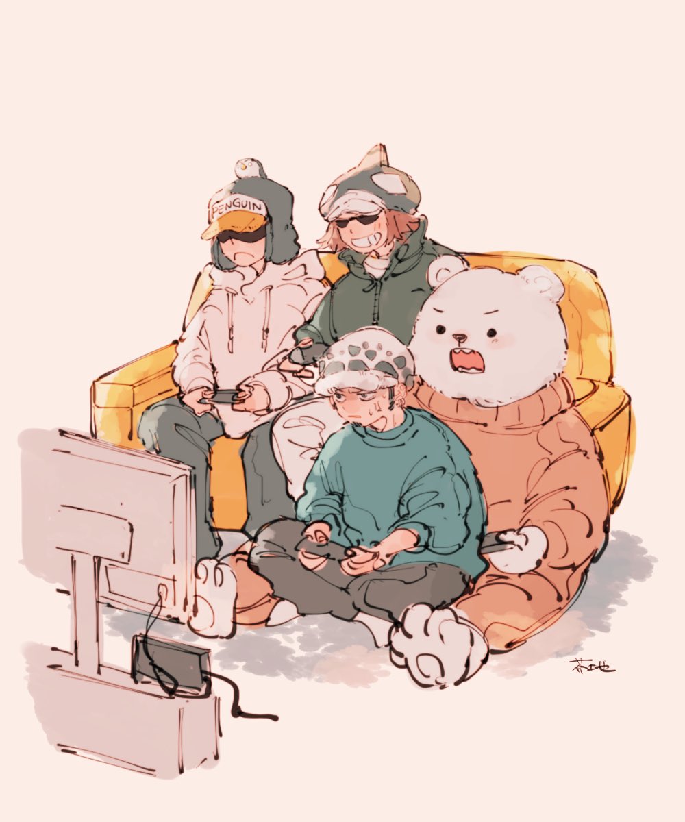 4boys akuta_ji bear bepo_(one_piece) black_hair commentary_request couch hat highres hood hoodie multiple_boys on_couch on_ground one_piece open_mouth orange_hair orange_sweater penguin_(one_piece) playing_games shachi_(one_piece) sideburns smile sunglasses sweatdrop sweater trafalgar_law turtleneck turtleneck_sweater white_hoodie zipper