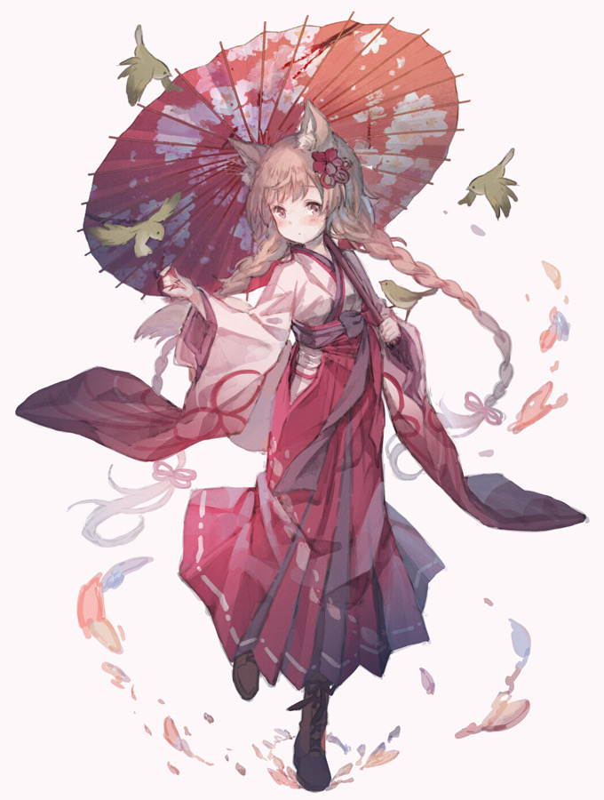 1girl animal_ears bird blush boots braid brown_hair eyebrows hair_ornament japanese_clothes long_braid looking_at_viewer oil-paper_umbrella original oro_ponzu twin_braids twintails umbrella