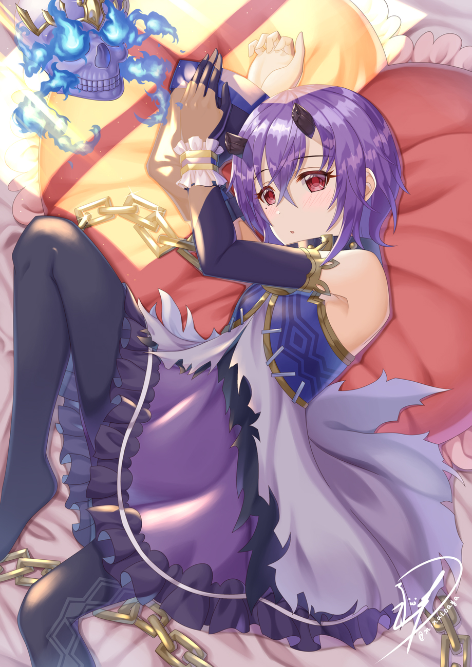 1girl black_legwear blush demon_girl demon_horns highres horns minato_aya_(izumo-ss-yoshitunedenn) princess_connect! purple_hair red_eyes shinobu_(princess_connect!) skirt