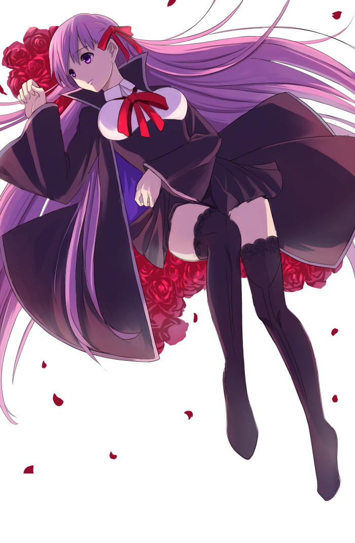 10s 1girl bb_(fate) bb_(fate/extra) bed_of_roses breasts fate/extra fate/extra_ccc fate_(series) female_focus flower hair_ribbon lace lace-trimmed_legwear lace_trim long_hair neko_kuriya no_shoes purple_eyes purple_hair red_flower red_rose ribbon rose solo thighhighs very_long_hair