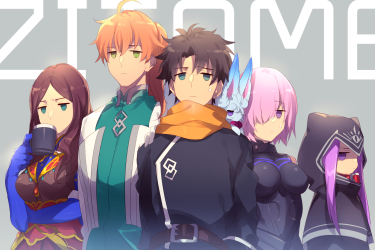 2boys 3girls ahoge armor black_armor black_hair black_shirt blue_eyes breasts brown_hair chaldea_uniform cloak closed_mouth commentary_request creature cup dress drinking echo_(circa) fate/grand_order fate_(series) fou_(fate) fujimaru_ritsuka_(male) fujimaru_ritsuka_(male)_(true_ether_chaldea_uniform) green_eyes hair_between_eyes hair_over_one_eye holding holding_cup hood hooded hooded_cloak jitome large_breasts leonardo_da_vinci_(fate) long_hair looking_at_viewer mash_kyrielight medusa_(fate) medusa_(lancer)_(fate) medusa_(rider)_(fate) messy_hair mug multiple_boys multiple_girls official_alternate_costume orange_hair orange_scarf pink_hair purple_eyes rider romani_archaman scarf shirt short_hair spiked_hair