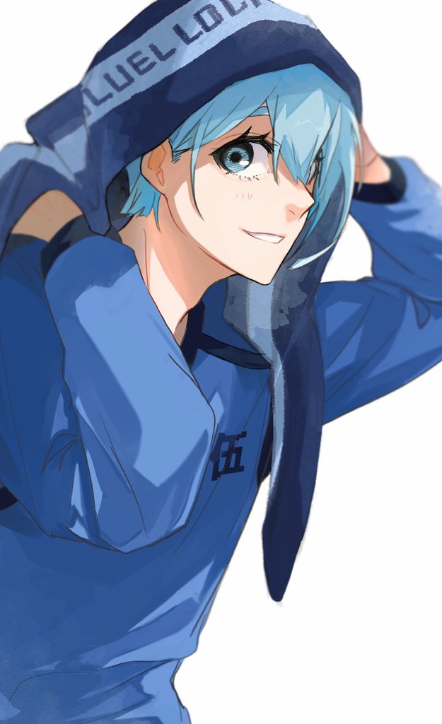 1boy blue_eyes blue_hair blue_lock blue_shirt cowboy_shot hands_up l_z8h long_sleeves looking_at_viewer male_focus shirt short_hair simple_background smile solo standing towel towel_on_head white_background you_hiori