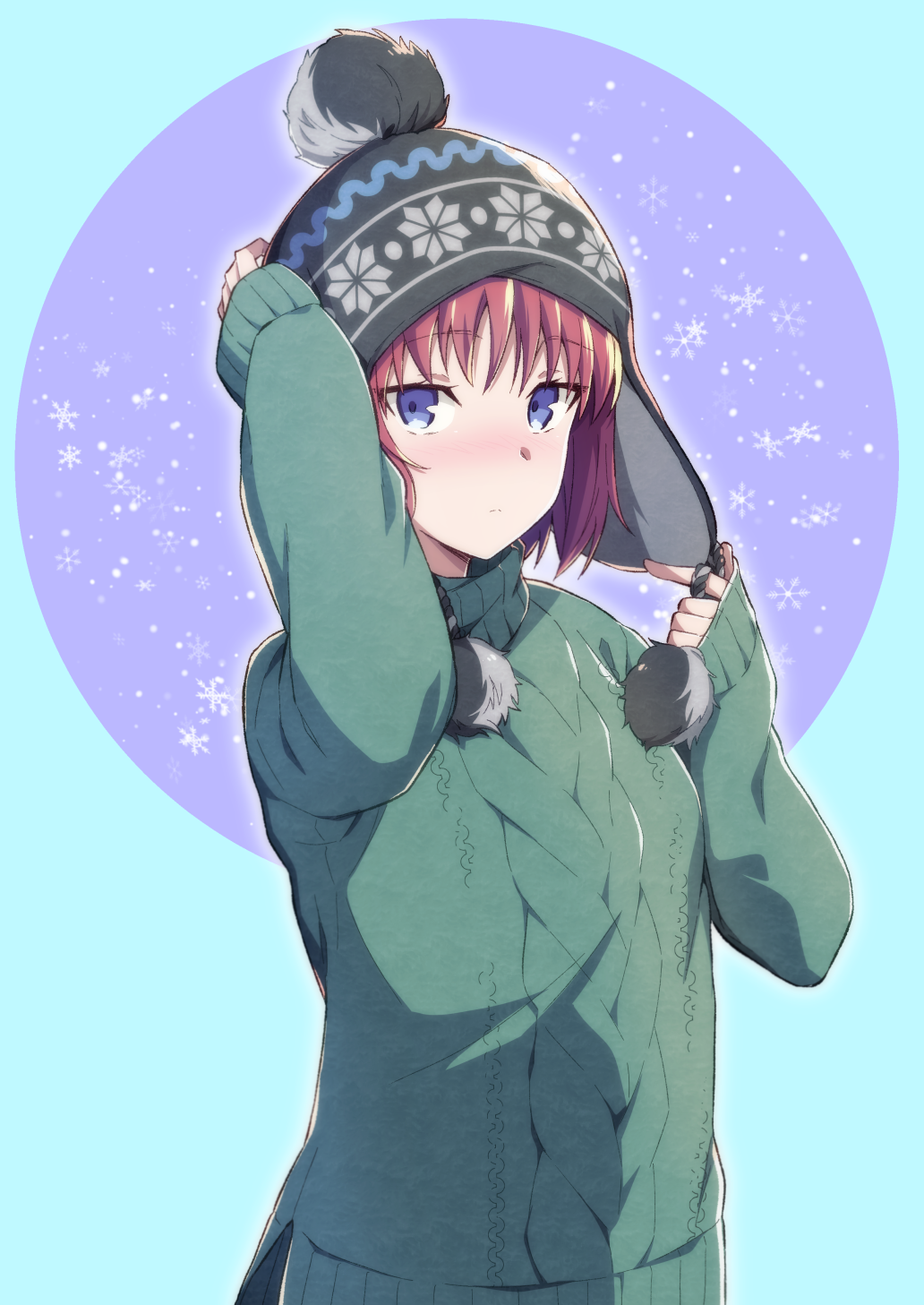 1girl alternate_costume aran_sweater azami_masurao black_hat blue_eyes blush cable_knit chullo closed_mouth commentary_request green_sweater hand_on_own_head hat highres hisui_(tsukihime) long_sleeves looking_at_viewer red_hair short_hair sleeves_past_wrists solo sweater tsukihime turtleneck turtleneck_sweater winter_clothes