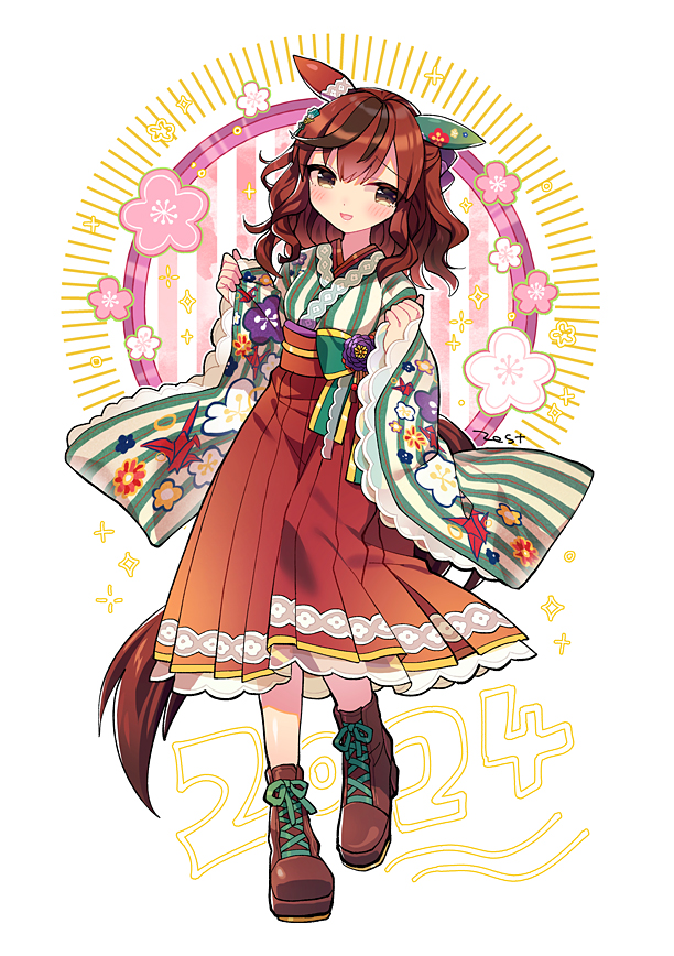 1girl 2024 animal_ears blush boots breasts brown_eyes ear_covers full_body hair_ornament horse_ears horse_girl horse_tail japanese_clothes kimono long_hair looking_at_viewer medium_breasts nice_nature_(converging_wishes)_(umamusume) nice_nature_(umamusume) official_alternate_costume open_mouth red_hair solo standing tail umamusume white_background zest_(lossol)
