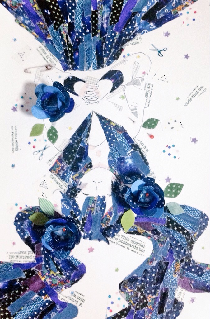 1girl blue_flower blue_hair blue_rose blue_sailor_collar blue_skirt blue_sleeve_cuffs blue_theme closed_eyes closed_mouth commentary cowboy_shot facing_viewer flower from_above hair_between_eyes hatsune_miku interlocked_fingers leaf long_hair long_sleeves lying masking_tape_(medium) mixed_media on_back own_hands_together papercraft_(medium) photo_(medium) rose ryakutya5959 sailor_collar shirt skirt solo star_(symbol) traditional_media twintails unconventional_media very_long_hair vocaloid white_background white_shirt