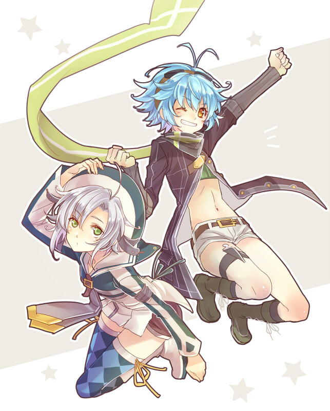 2girls achan_(blue_semi) ahoge altina_orion antenna_hair blue_hair coat crop_top curtained_hair eiyuu_densetsu floating_scarf green_eyes grin hair_between_eyes hat jumping looking_at_viewer millium_orion multiple_girls navel one_eye_closed parted_bangs scarf sen_no_kiseki sen_no_kiseki_(series) sen_no_kiseki_ii short_hair siblings sidelocks simple_background sisters smile star_(symbol) thighhighs two-tone_background white_hair yellow_eyes