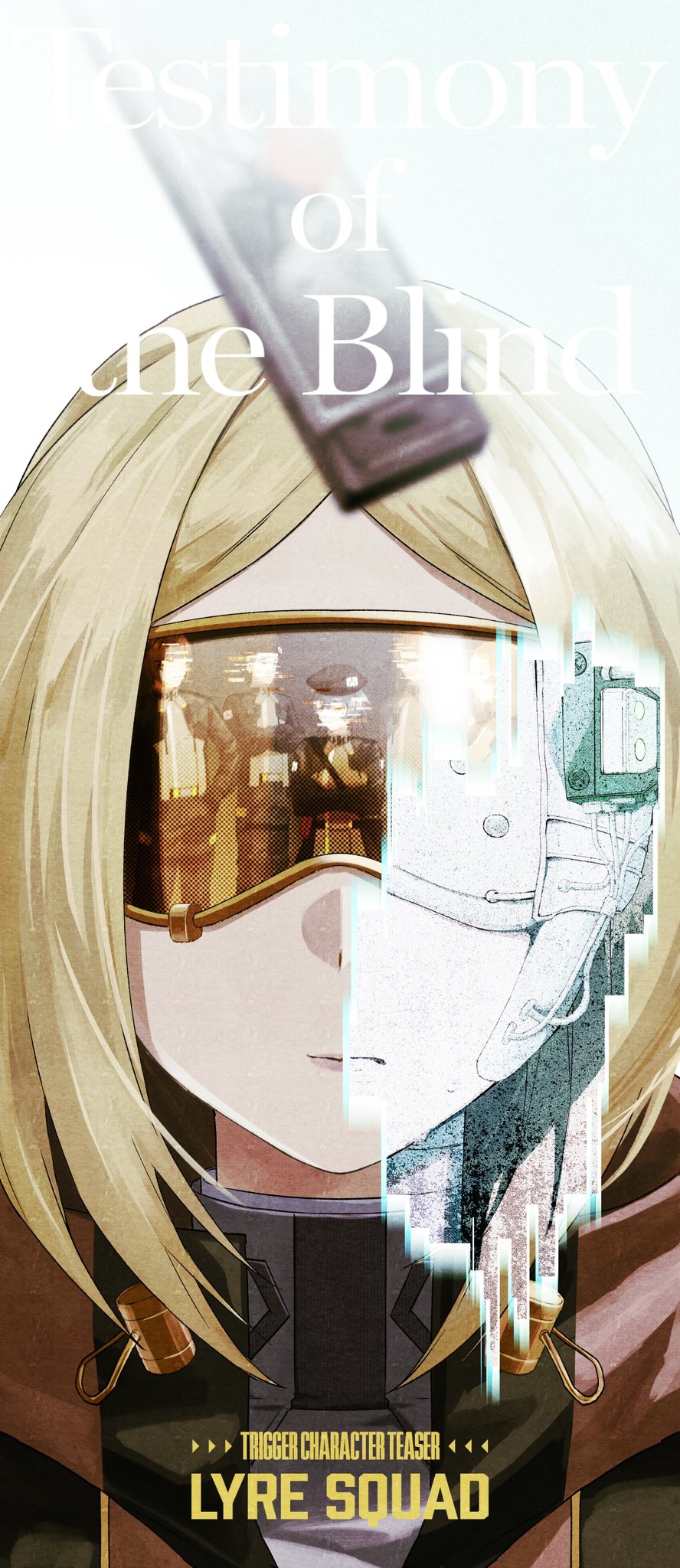 3boys 3girls beret blindfold blonde_hair character_name collar english_text gin_(tttetu123) glitch goggles hat highres hood hoodie medium_hair military_uniform multiple_boys multiple_girls nose reflection remembering trigger_(zenless_zone_zero) zenless_zone_zero