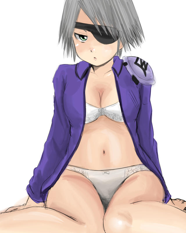 1990s_(style) 1girl bra breasts eyepatch female_focus final_fantasy final_fantasy_viii fuujin_(ff8) green_eyes grey_hair lingerie lips navel nullhachi open_clothes panties retro_artstyle short_hair sitting solo thighs underwear white_background white_bra white_panties