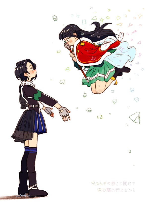 armband asymmetrical_clothes belt black_boots black_eyes black_hair black_shirt blue_skirt blush boots club_(weapon) curtained_hair fur-trimmed_jacket fur_trim gloves green_armband green_skirt holding holding_weapon jacket komuzuka long_hair minase_suzu partially_fingerless_gloves red_jacket shirt short_hair shoujo_kageki_revue_starlight skirt tsuyuzaki_mahiru twirl_baton weapon yuri