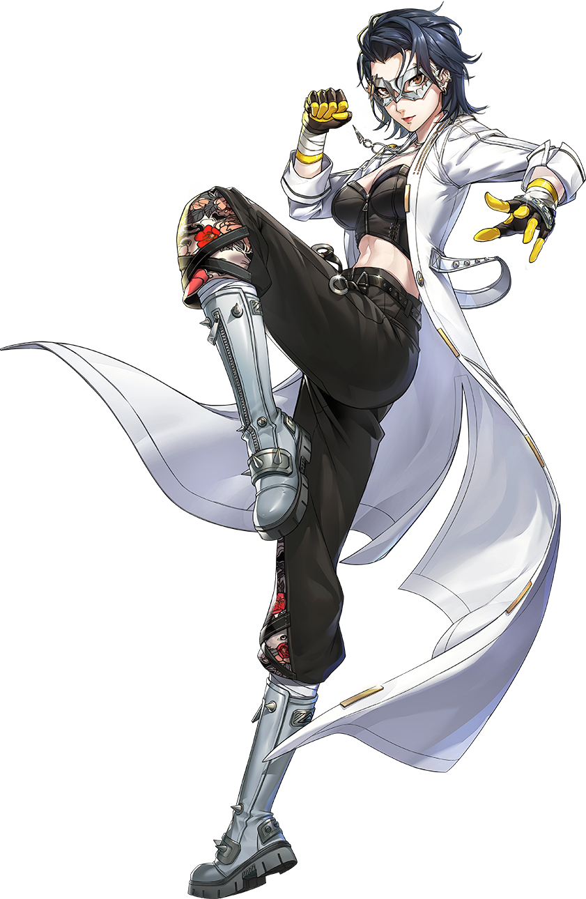 1girl artist_request black_hair black_pants blitz_(p5x) boots breasts brown_eyes cleavage ear_piercing eye_mask gloves highres jacket jewelry katayama_kumi leg_up mask midriff necklace official_art pants persona persona_5 persona_5:_the_phantom_x piercing solo spiked_boots third-party_source transparent_background white_jacket
