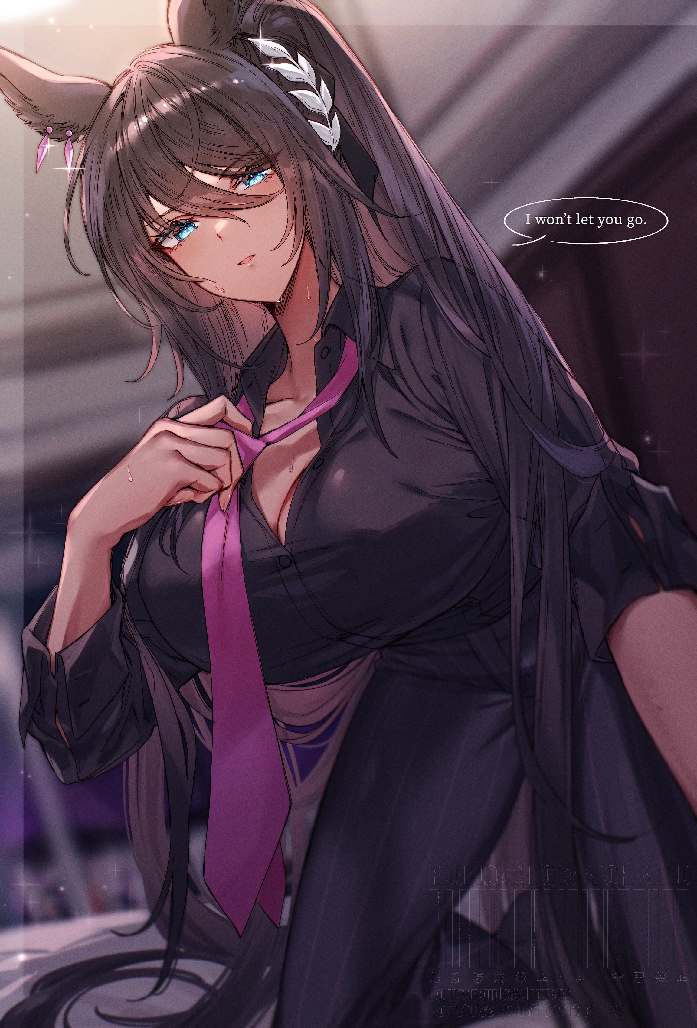 1girl absurdres animal_ears black_hair black_shirt blue_eyes breasts collared_shirt dark-skinned_female dark_skin ear_ornament hair_between_eyes hair_ornament highres horse_ears horse_girl kneeling long_hair long_sleeves loose_necktie necktie open_collar pants partially_unbuttoned pinstripe_pants pinstripe_pattern ponytail red_necktie shirt solo striped_clothes striped_pants symboli_kris_s_(umamusume) tetora_(oudonoishiize) umamusume
