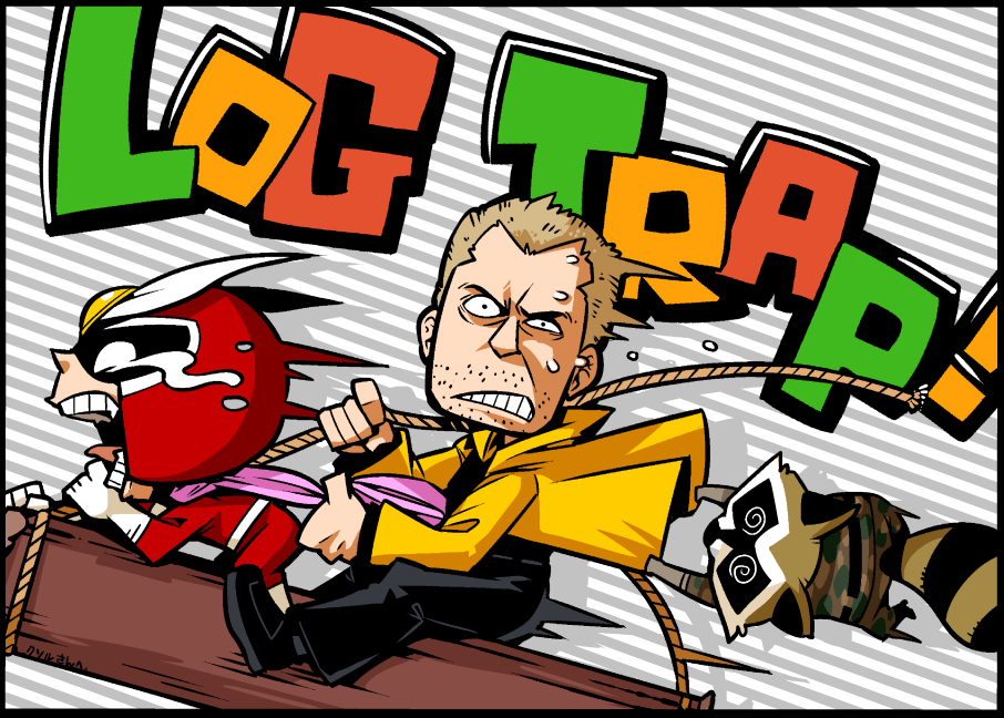 00s 3boys @_@ alternate_color capcom dead_rising facial_hair frank_west gameplay_mechanics helmet hounori male_focus marvel marvel_vs._capcom marvel_vs._capcom_3 multiple_boys raccoon rocket_raccoon stubble tears viewtiful_joe viewtiful_joe_(character)