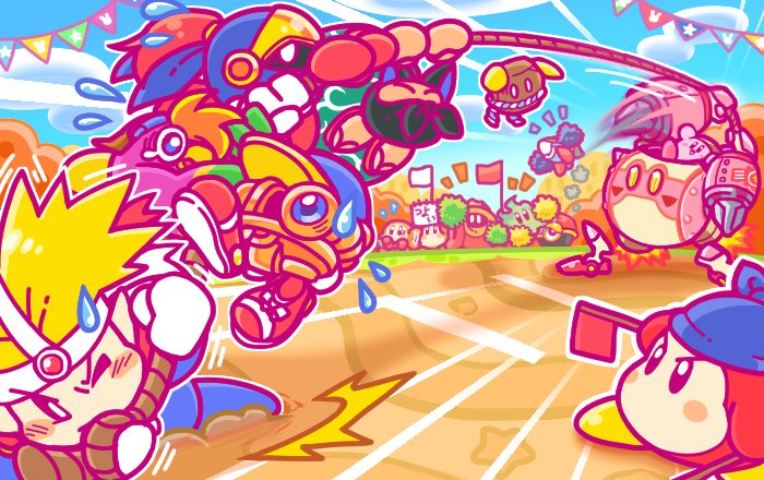 1boy bandana_waddle_dee bandana banner baseball_cap bio_spark birdon_(kirby) capsule_j2 cheering dragging flying_sweatdrops gim_(kirby) hachimaki hat headband jumping kirby kirby_(series) knuckle_joe mecha mini_flag nejiri_hachimaki nintendo official_art one_eye_closed plasma_wisp pom_pom_(cheerleading) robobot_armor robot rock rocky_(kirby) simirror sweatdrop tac_(kirby) tug_of_war waddle_dee wheelie_(kirby) wizard_hat