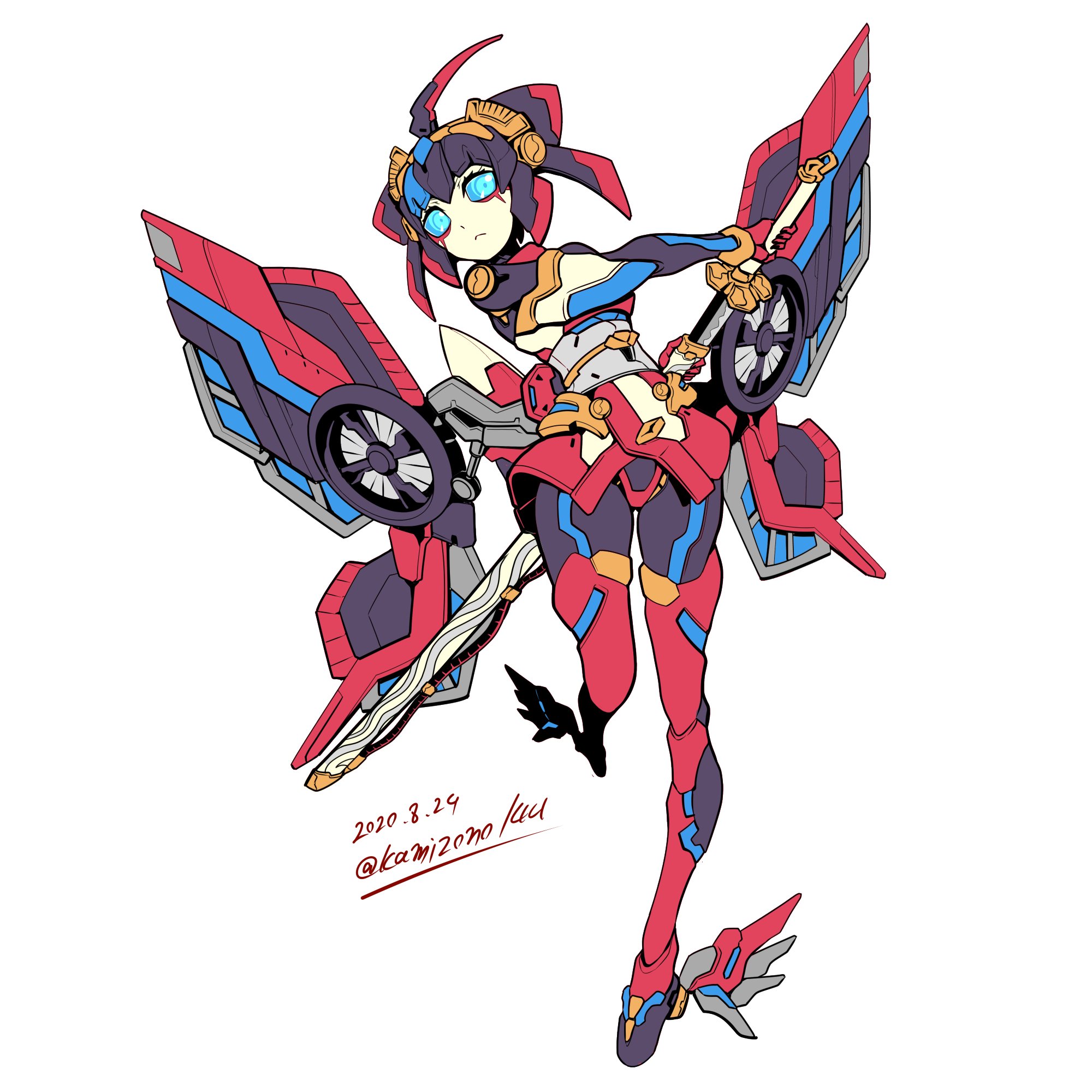 1girl aged_down artist_name autobot bad_id bad_twitter_id blue_eyes butterfly_wings commentary dated english_commentary highres holding holding_sword holding_weapon insect_wings kamizono_(spookyhouse) katana looking_to_the_side mecha mechanical_wings robot sheath solo sword transformers unsheathing weapon white_background windblade wings